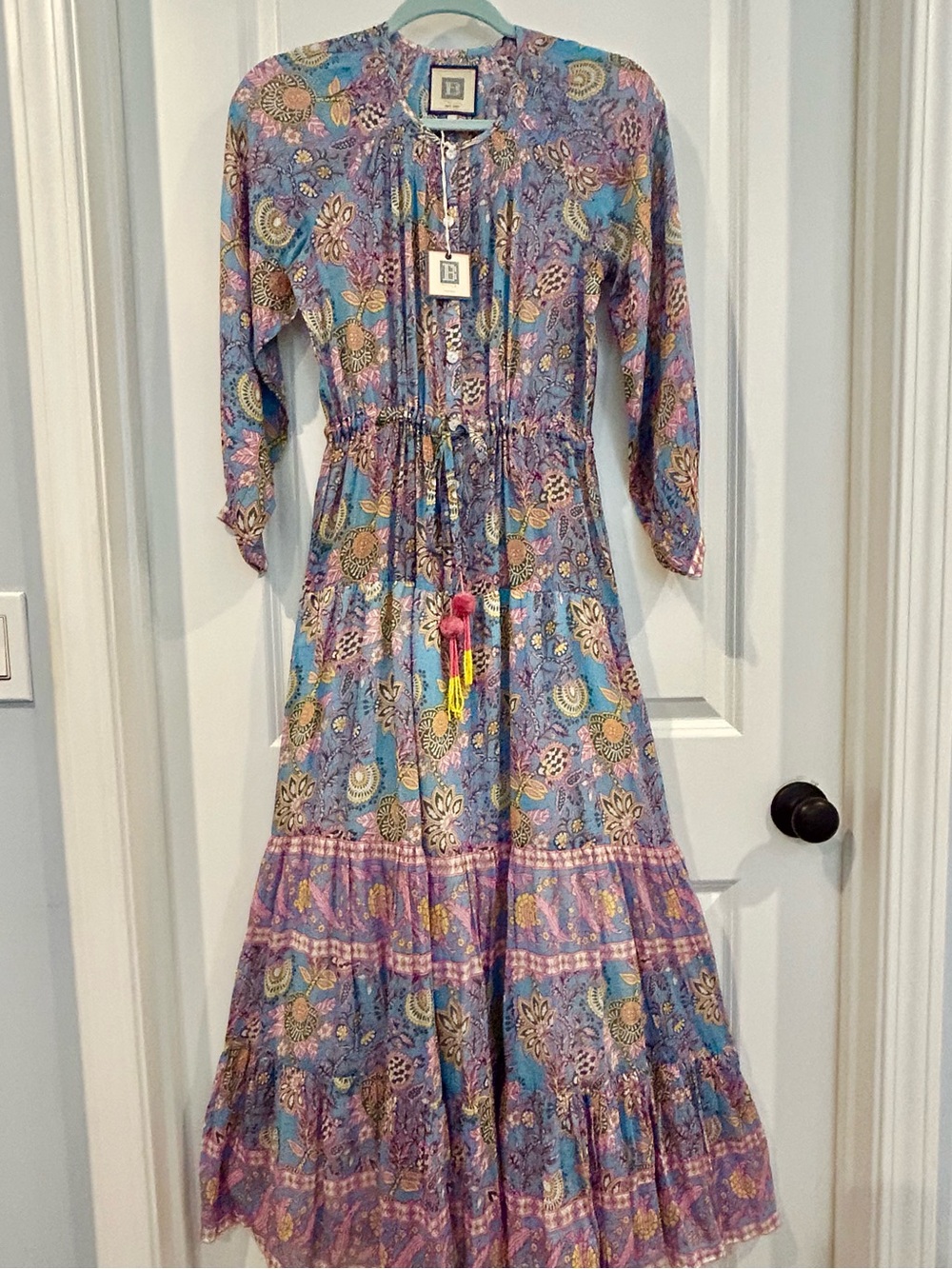 BELL Alicia Bell XS Blair Maxi Dress Blue Yellow Pink Block Print NEW with FLAW*